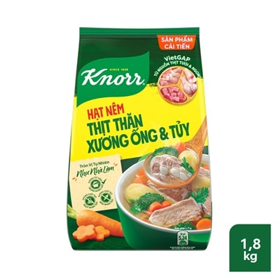 Knorr Hạt Nêm 1.8kg - Knorr Hạt Nêm Từ Thịt được làm từ thịt thăn, xương ống và tủy giúp món ăn thơm ngon, tròn vị