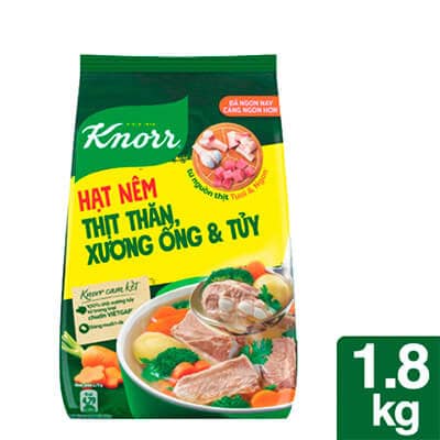 Knorr Hạt Nêm 1.8kg - Knorr Hạt Nêm Từ Thịt được làm từ thịt thăn, xương ống và tủy giúp món ăn thơm ngon, tròn vị