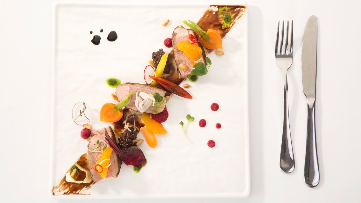 Seared Duck Salad, Orange Sauce and Cherry Vinaigrette