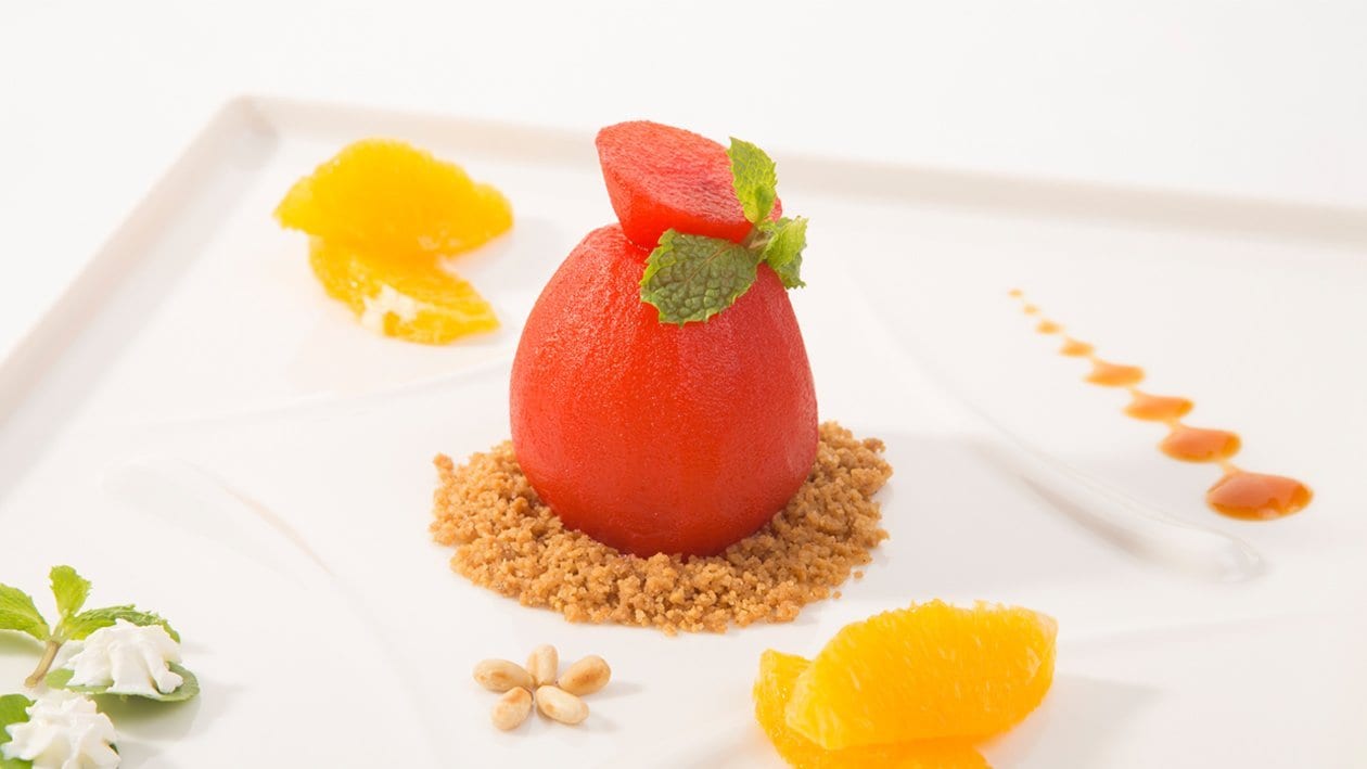 Poached Pear with Lime Cookies and Caramel Cream Sauce