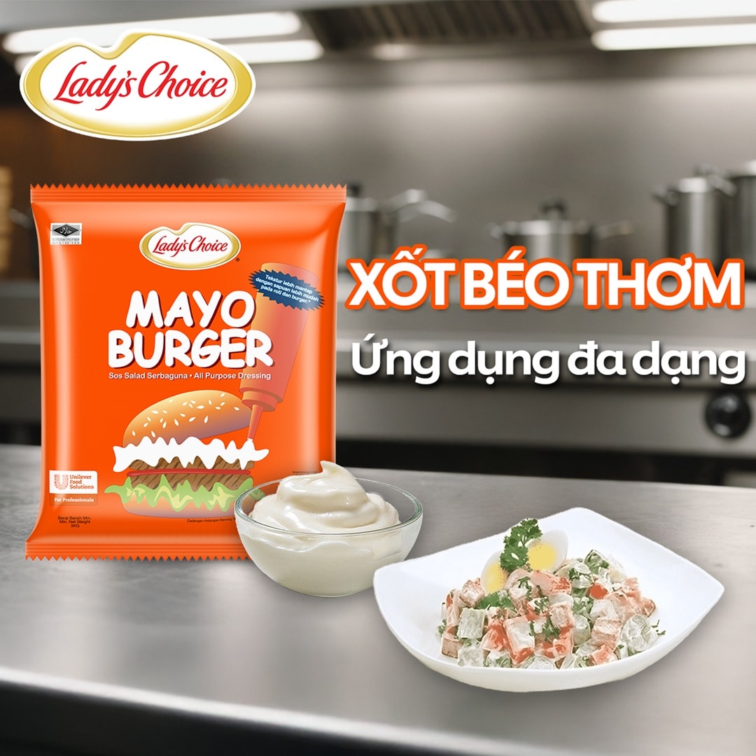 Lady's Choice Mayonnaise Burger 3L - Mayonnaise Lady's Choice Burger được làm từ nguyên liệu từ nhiên, hương vị thơm ngon, cân bằng cho các món burger, pha chế nước chấm hay trộn salad.