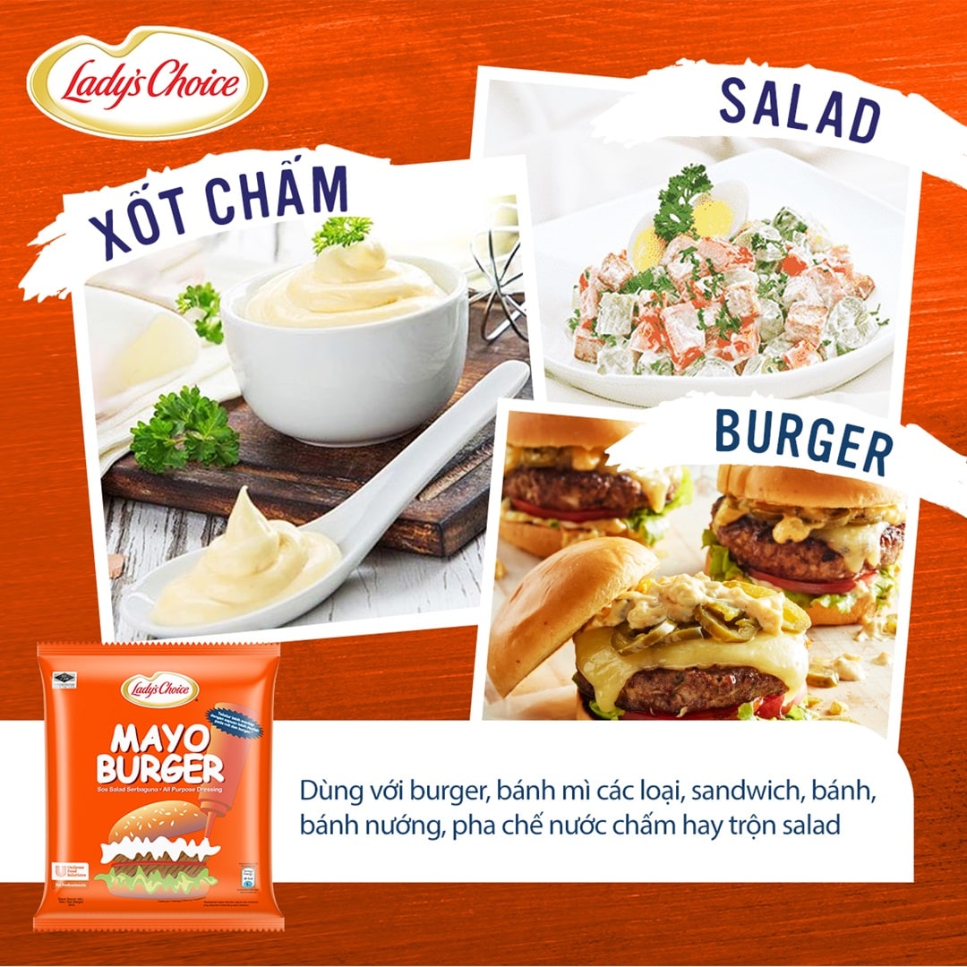 Lady's Choice Mayonnaise Burger 3L - Mayonnaise Lady's Choice Burger được làm từ nguyên liệu từ nhiên, hương vị thơm ngon, cân bằng cho các món burger, pha chế nước chấm hay trộn salad.
