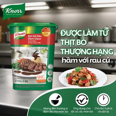 Knorr Xốt Nâu Demi Glace 1kg - Với Knorr Xốt Nâu Demi Glace chỉ mất 3 phút để có ngay xốt nâu thượng hạng cho món bò hầm.