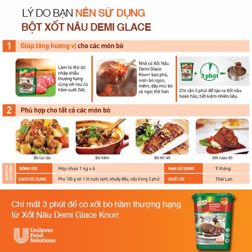 Knorr Xốt Nâu Demi Glace 1kg - Với Knorr Xốt Nâu Demi Glace chỉ mất 3 phút để có ngay xốt nâu thượng hạng cho món bò hầm.