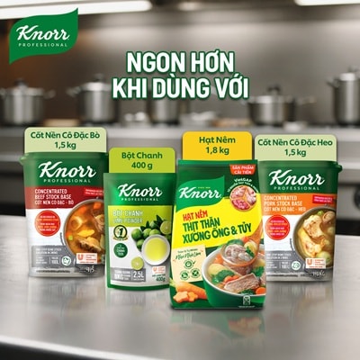 Knorr Hạt Nêm 1.8kg - Knorr Hạt Nêm Từ Thịt được làm từ thịt thăn, xương ống và tủy giúp món ăn thơm ngon, tròn vị