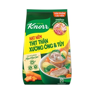 Knorr Hạt Nêm 1.8kg - Knorr Hạt Nêm Từ Thịt được làm từ thịt thăn, xương ống và tủy giúp món ăn thơm ngon, tròn vị