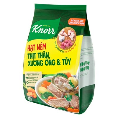 Knorr Hạt Nêm 1.8kg - Knorr Hạt Nêm Từ Thịt được làm từ thịt thăn, xương ống và tủy giúp món ăn thơm ngon, tròn vị