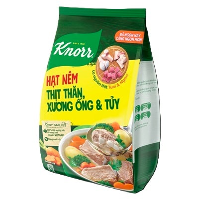 Knorr Hạt Nêm 1.8kg - Knorr Hạt Nêm Từ Thịt được làm từ thịt thăn, xương ống và tủy giúp món ăn thơm ngon, tròn vị