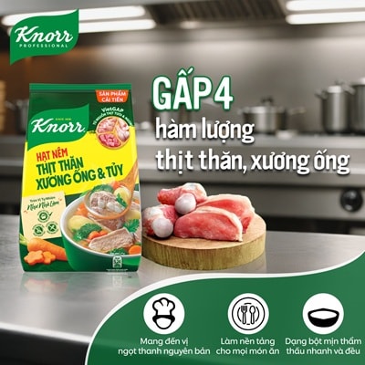 Knorr Hạt Nêm 1.8kg - Knorr Hạt Nêm Từ Thịt được làm từ thịt thăn, xương ống và tủy giúp món ăn thơm ngon, tròn vị