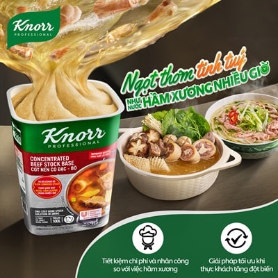 Knorr Cốt Nền Cô Đặc Bò 1.5kg - Có ngay nước dùng đậm đà vị thịt bò mà vẫn tiết kiệm chi phí với Cốt Nền Cô Đặc Bò Knorr Professional