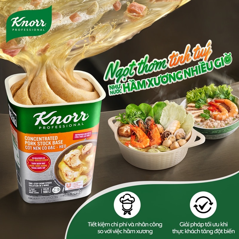 Knorr Cốt Nền Cô Đặc - Heo - Giải pháp 3 phút có ngay nước dùng trong, ngọt, thơm chiều lòng thực khách khó tính nhất với Cốt Nền Cô Đặc Heo Knorr.