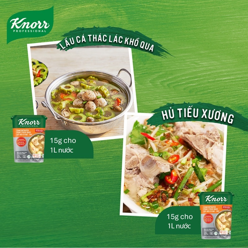 Knorr Cốt Nền Cô Đặc - Heo - Giải pháp 3 phút có ngay nước dùng trong, ngọt, thơm chiều lòng thực khách khó tính nhất với Cốt Nền Cô Đặc Heo Knorr.