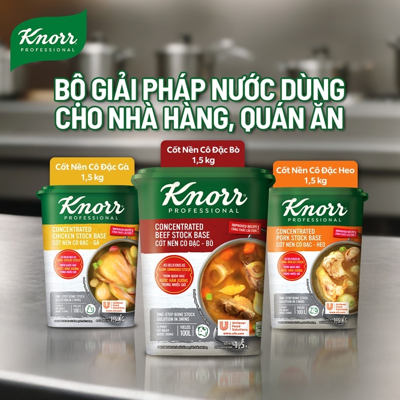 Knorr Cốt Nền Cô Đặc - Heo - Giải pháp 3 phút có ngay nước dùng trong, ngọt, thơm chiều lòng thực khách khó tính nhất với Cốt Nền Cô Đặc Heo Knorr.