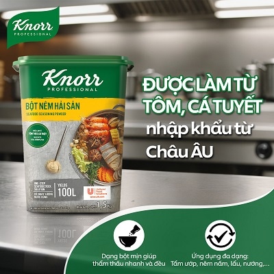 Knorr Bột Nêm Hải Sản 1.5kg - Knorr Bột Nêm Hải Sản làm từ tôm cá và hải sản tự nhiên giúp tăng hương vị hải sản đậm đà và hấp dẫn hơn cho các món ăn hải sản.
