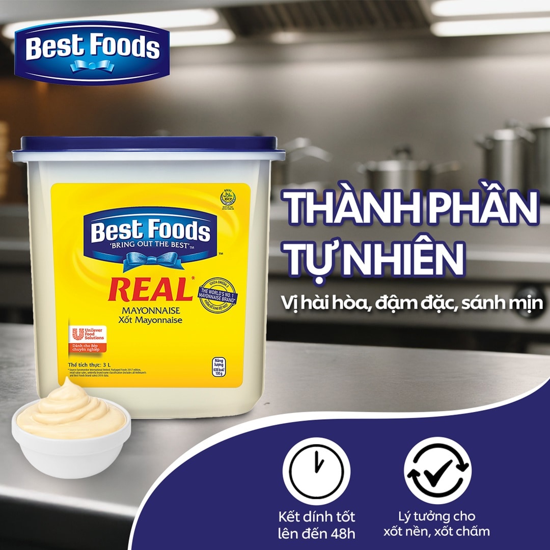 Best Foods Xốt Real Mayonnaise 3L - Best Foods Real Mayonnaise mang lại hương vị béo ngậy, đậm đặc và kết dính hoàn hảo cho món salad của bạn