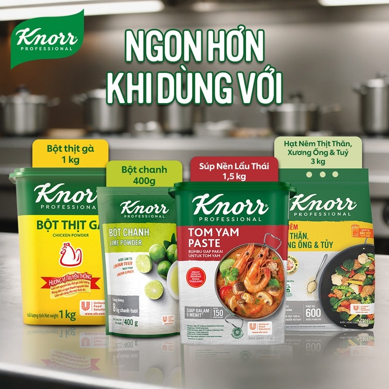 Knorr Súp Nền Lẩu Thái 1.5kg - Knorr Súp Nền Lẩu Thái kết hợp từ 10 nguyên liệu Thái thuần túy, đặc biệt giữ hương vị đặc trưng từ lá chanh Kaffir