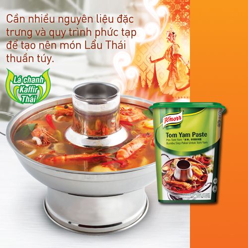 Knorr Súp Nền Lẩu Thái 1.5kg - Knorr Súp Nền Lẩu Thái kết hợp từ 10 nguyên liệu Thái thuần túy, đặc biệt giữ hương vị đặc trưng từ lá chanh Kaffir