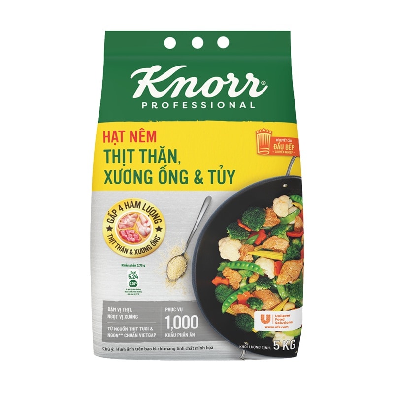 Knorr Hạt Nêm Từ Thịt 5kg - Knorr Hạt Nêm Từ Thịt được làm từ thịt thăn, xương ống và tủy giúp món ăn thơm ngon, tròn vị