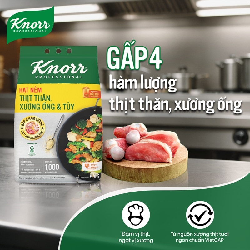 Knorr Hạt Nêm Từ Thịt 5kg - Knorr Hạt Nêm Từ Thịt được làm từ thịt thăn, xương ống và tủy giúp món ăn thơm ngon, tròn vị