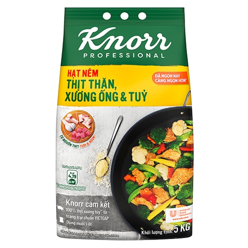 Knorr Hạt Nêm Từ Thịt 5kg - Knorr Hạt Nêm Từ Thịt được làm từ thịt thăn, xương ống và tủy giúp món ăn thơm ngon, tròn vị