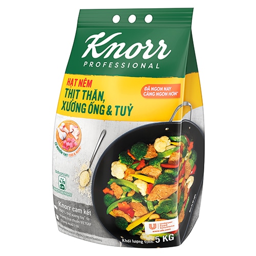 Knorr Hạt Nêm Từ Thịt 5kg - Knorr Hạt Nêm Từ Thịt được làm từ thịt thăn, xương ống và tủy giúp món ăn thơm ngon, tròn vị