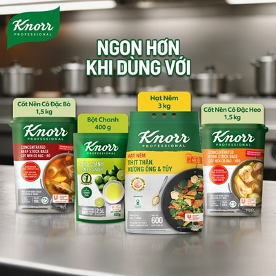 Knorr Hạt Nêm Từ Thịt 3kg - Knorr Hạt Nêm Từ Thịt được làm từ thịt thăn, xương ống và tủy giúp món ăn thơm ngon, tròn vị