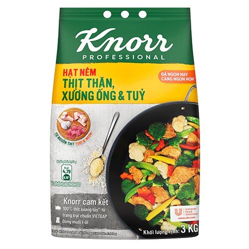 Knorr Hạt Nêm Từ Thịt 3kg - Knorr Hạt Nêm Từ Thịt được làm từ thịt thăn, xương ống và tủy giúp món ăn thơm ngon, tròn vị