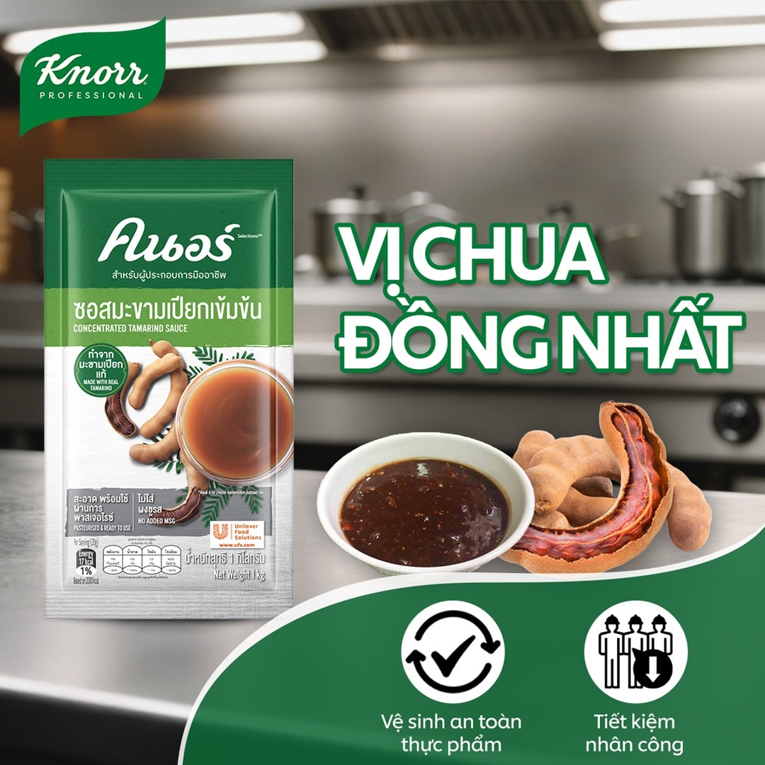 Knorr Xốt Me 1kg - Với Xốt me Knorr cho vị chua đồng nhất, hài hòa từ me tươi, sử dụng ngay mà không mất thời gian chuẩn bị.