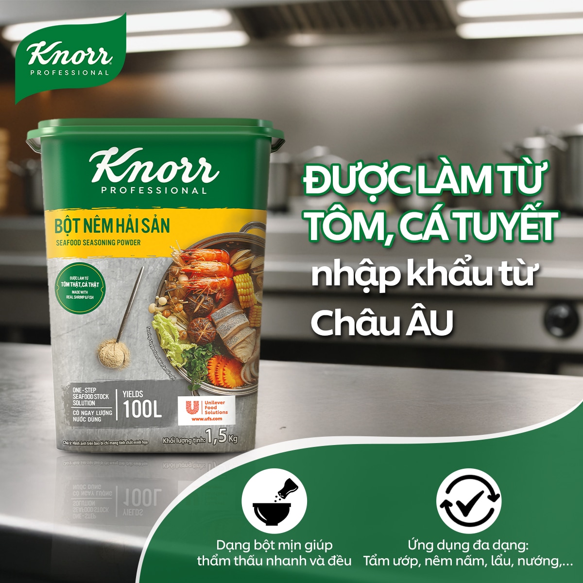 Knorr Bột Nêm Hải Sản 1.5kg - Knorr Bột Nêm Hải Sản làm từ tôm cá và hải sản tự nhiên giúp tăng hương vị hải sản đậm đà và hấp dẫn hơn cho các món ăn hải sản.