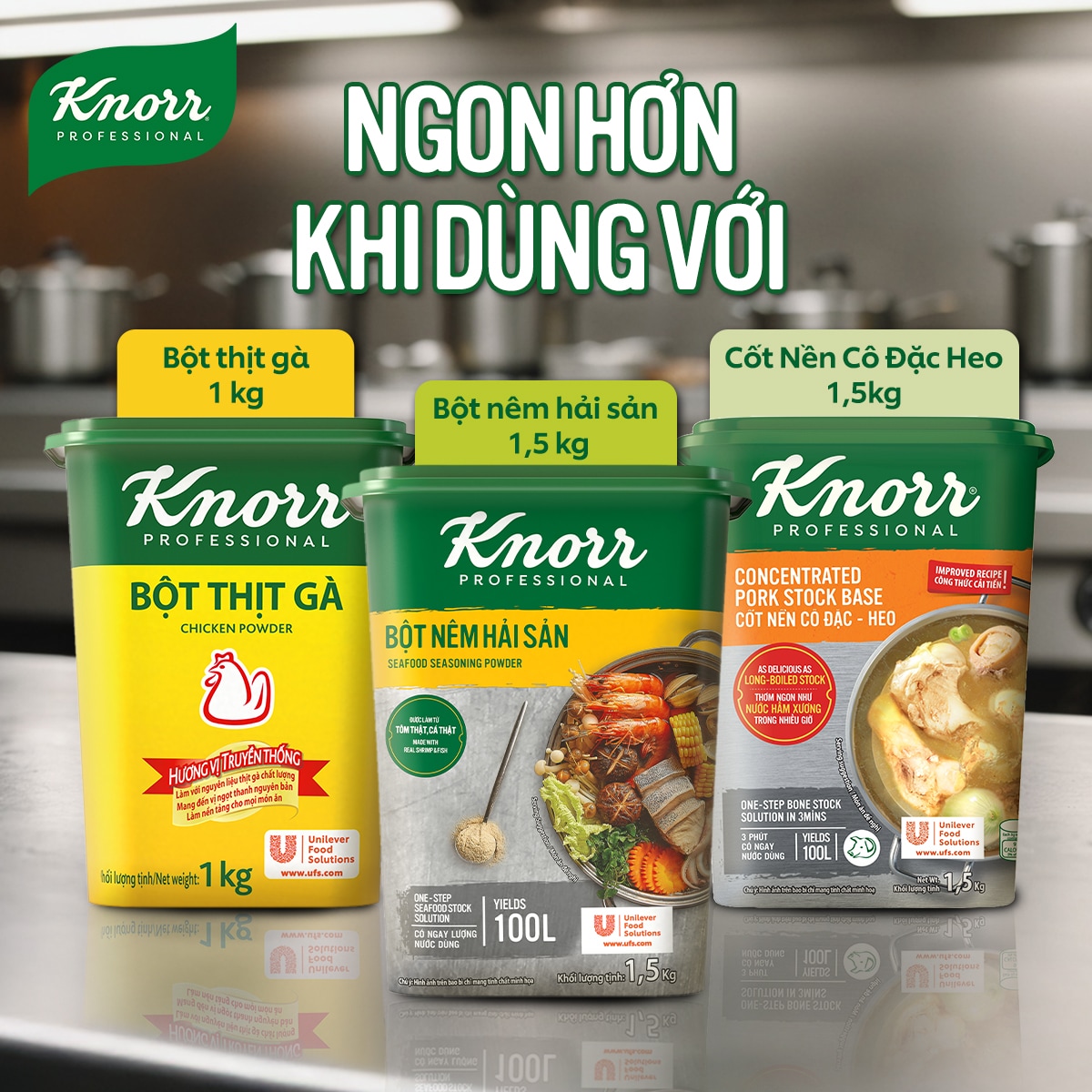 Knorr Bột Nêm Hải Sản 1.5kg - Knorr Bột Nêm Hải Sản làm từ tôm cá và hải sản tự nhiên giúp tăng hương vị hải sản đậm đà và hấp dẫn hơn cho các món ăn hải sản.