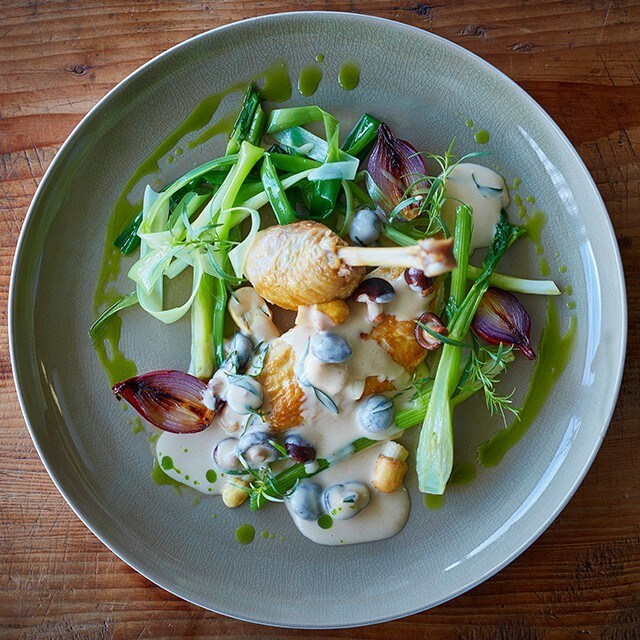 Chicken with Creamy Mushroom Sauce and Leek Oil