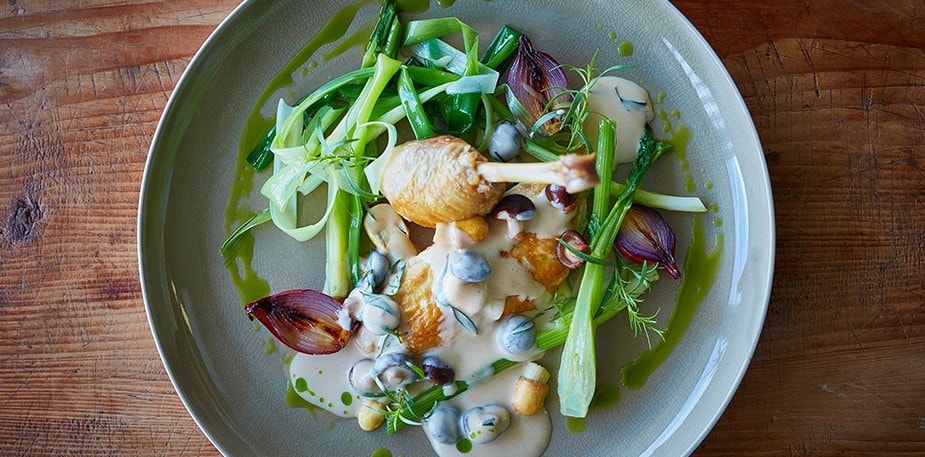 Chicken with Creamy Mushroom Sauce and Leek Oil