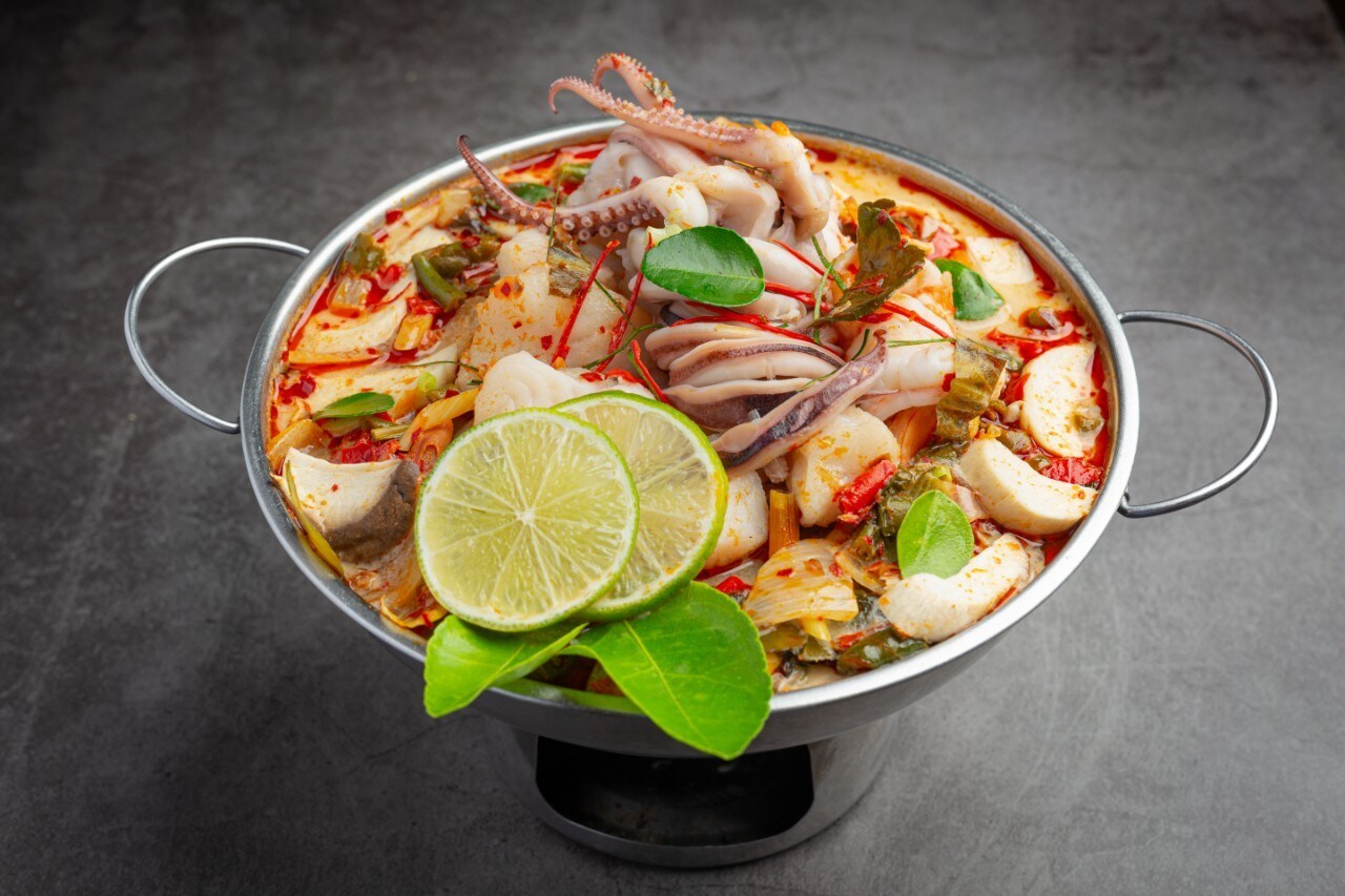 Tom Yum Mixed Seafood in Thick Soup Hot Pot Spicy Thai Food.