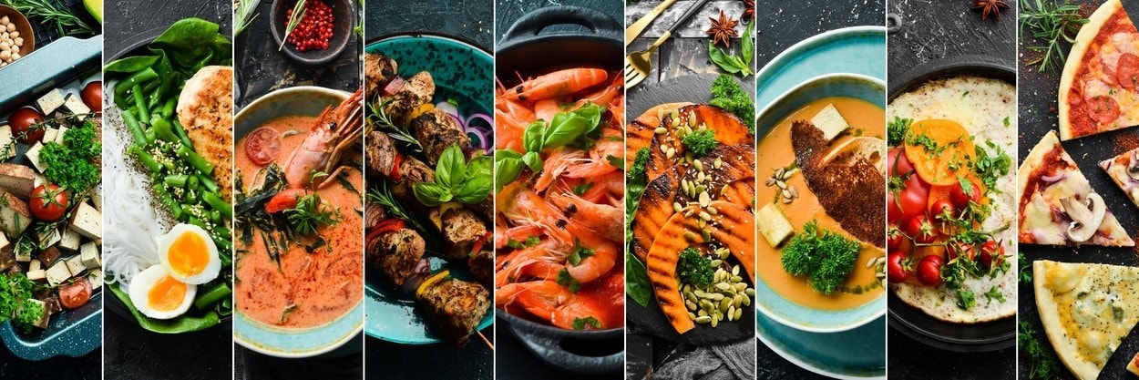 Assortment of cooked food. Collage food in plates, top view. Place for your text, banner of food, menu. Varied food.
