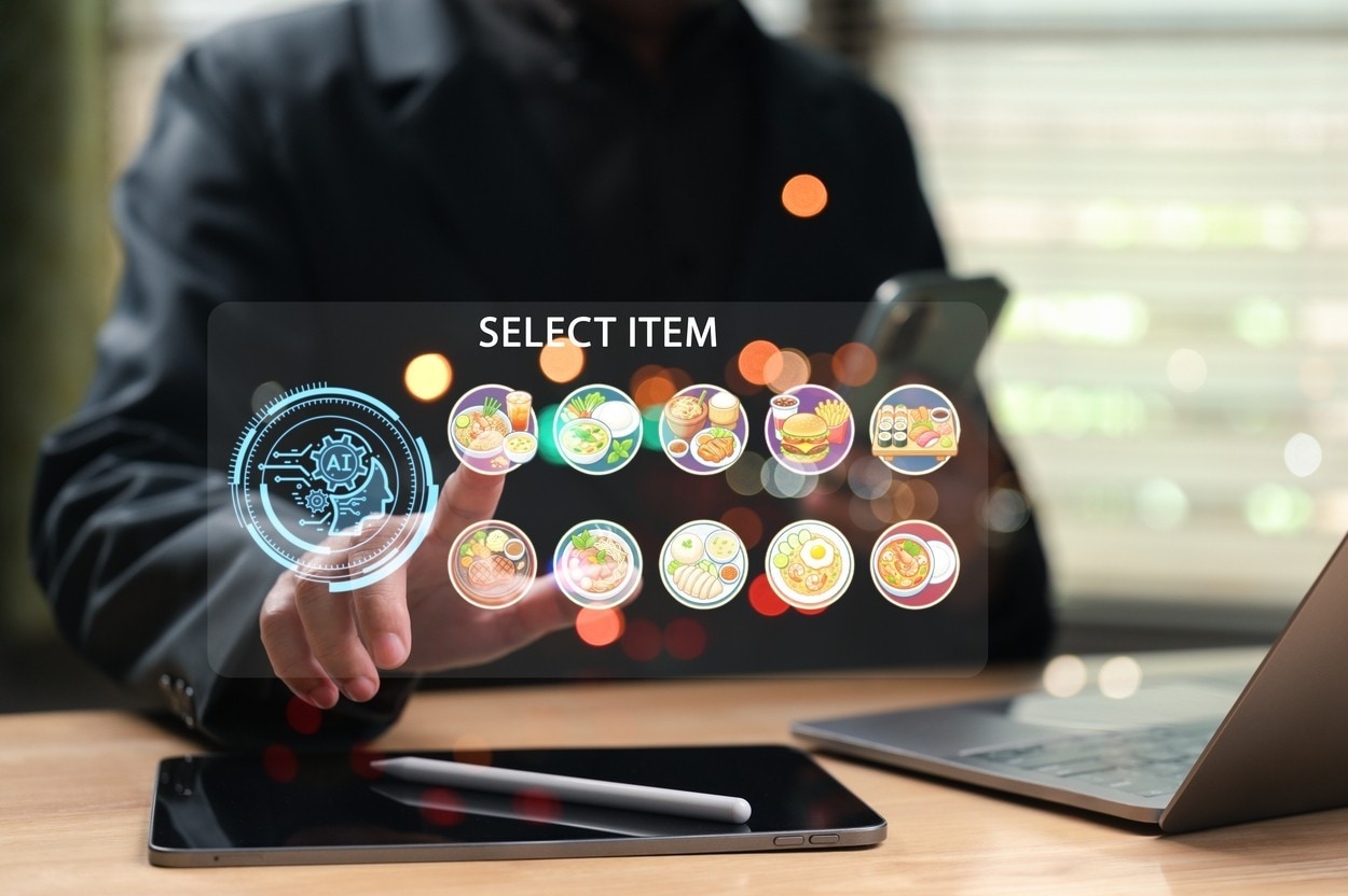 Using restaurant food app for smart futuristic technology, online business with computer laptop, digital mobile tablet network menu communication, restaurant food and restaurant. background business