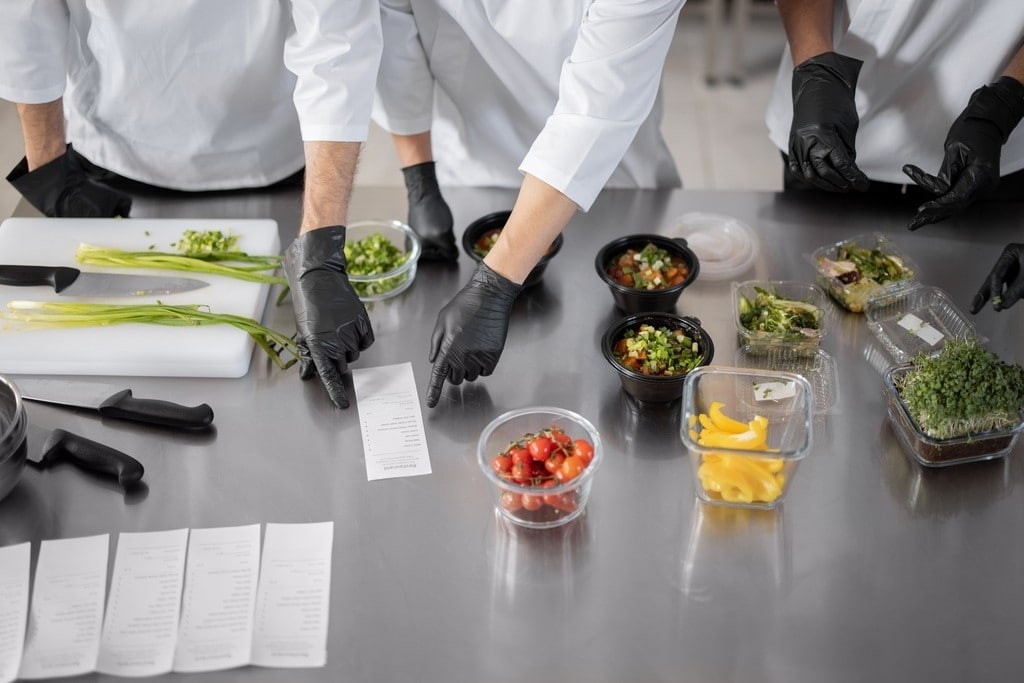 Chef pointing on printed check with order, cooking food for delivery in professional kitchen. Close-up on table with food ingredients. Dark kitchen and take away food concept