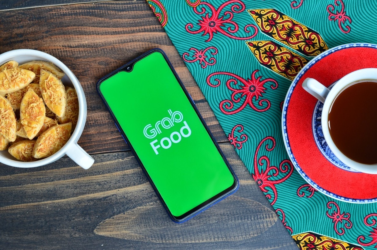 Bekasi, Indonesia - August 8,2020 : Grab food app on smartphone, popular food app in Indonesia