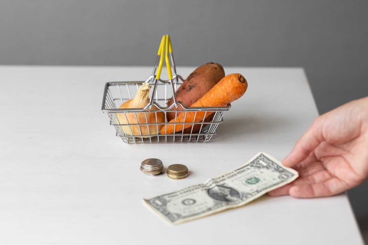 a metal supermarket food basket with vegetables and paper money and coins on a white table, a woman's hand holding a dollar, calculating the cost of food and money costs, prices for finished products