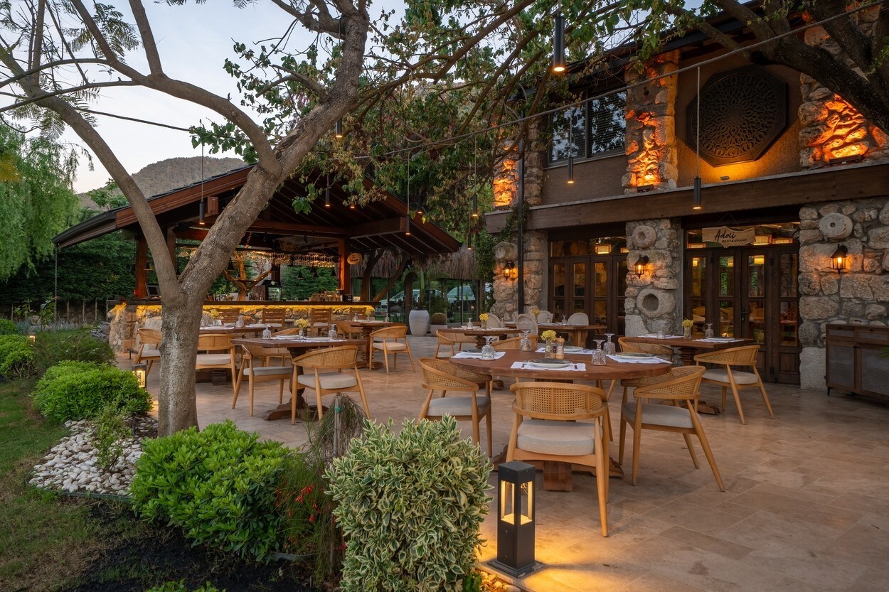 Fethiye, Mugla Turkey 01.02.2023: Restaurant in garden. Luxury restaurant.