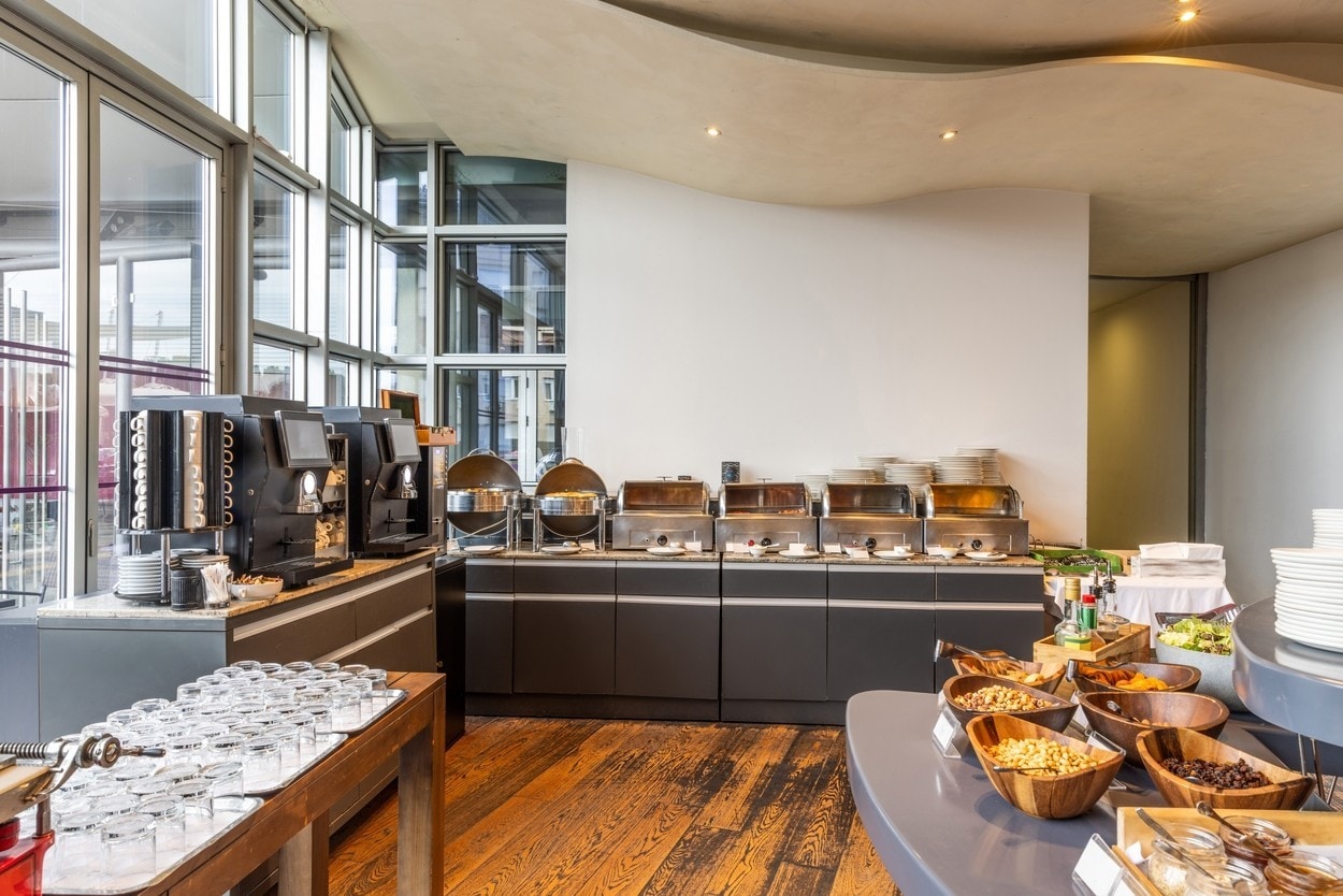 Buffet-style breakfast served in a hotel dining area